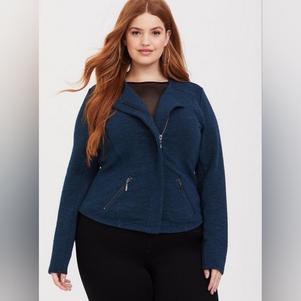 Torrid Studio Teal Blue Double Knit Moto Jacket Sweater Women's Plus Size 2X